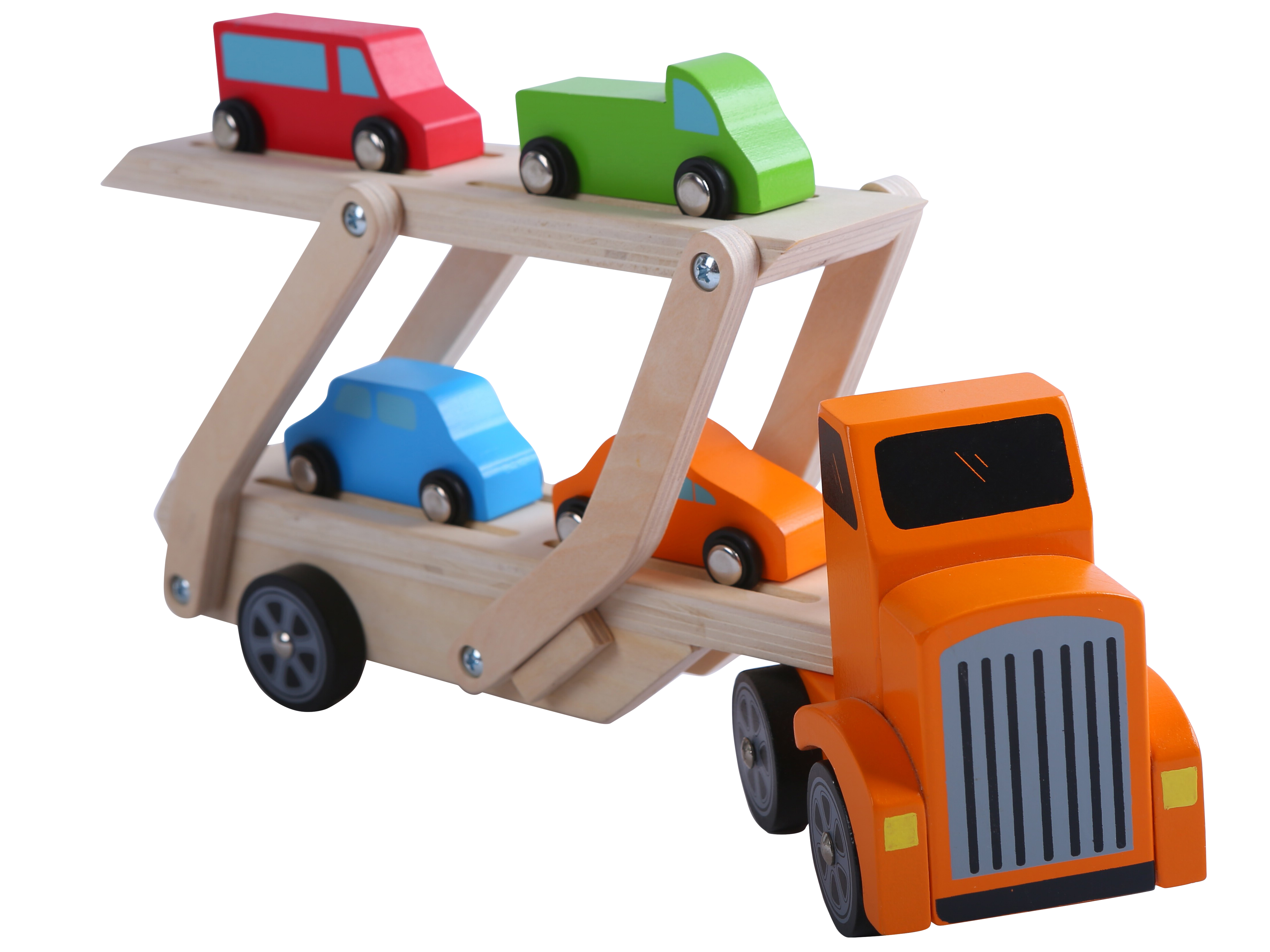 Set camion cu platforma si 4 masinute colorate, +3 ani, Smartic, Lemn, 31x7x16.5 cm, multicolor [10]
