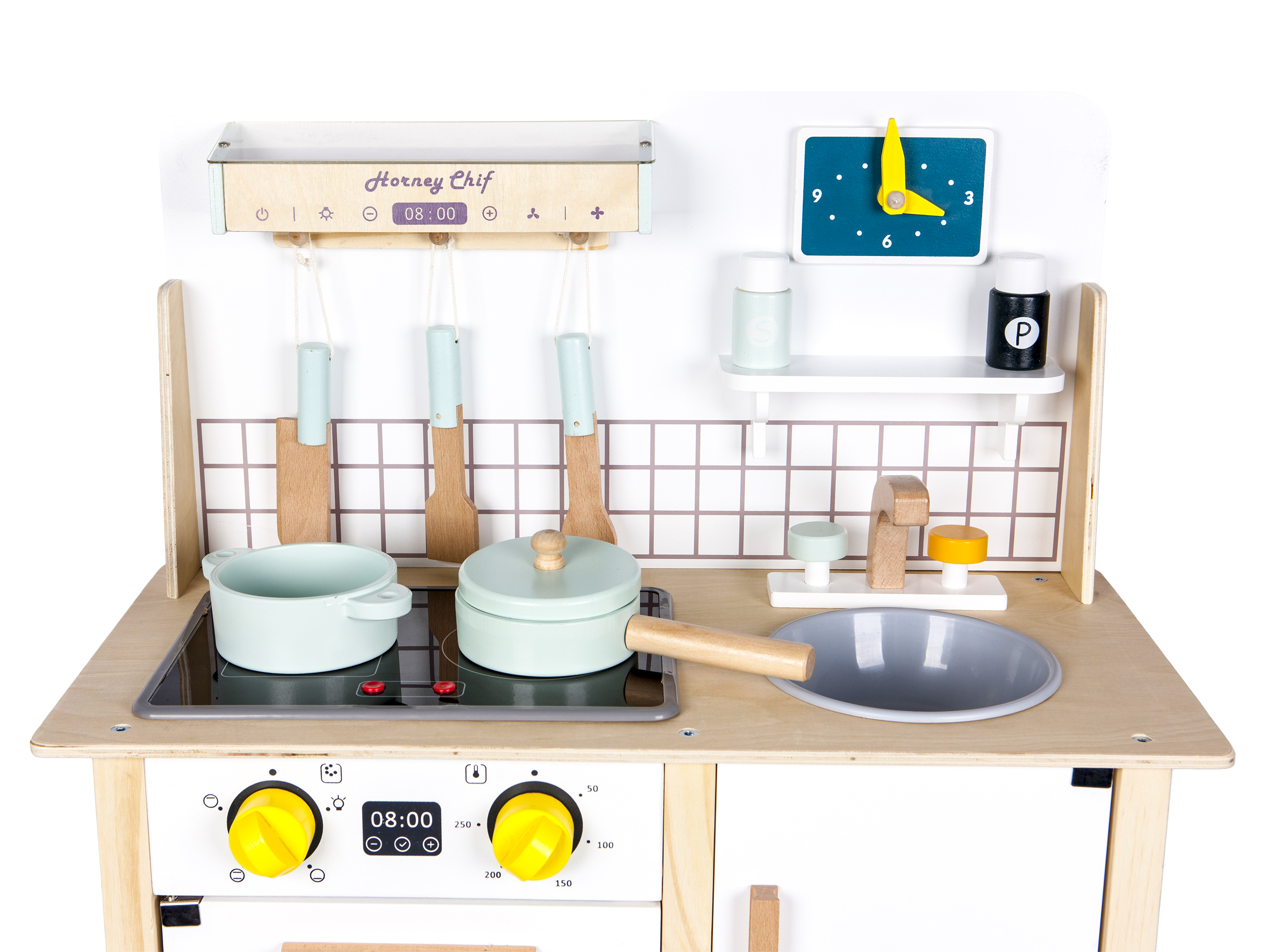 Bucătărie din lemn V2 + Șorț pentru copii, cu plită, cuptor, chiuvetă, hotă și 8 accesorii de bucătărie incluse, 3 ani +,  Alb/Galben, Smartic, Set [7]