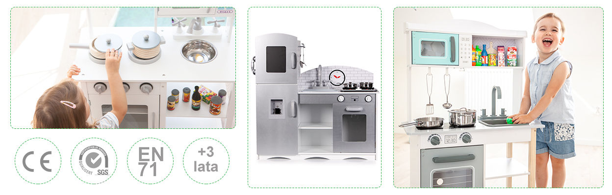 Bucătărie din lemn V5 și Șorț pentru copii, XXL, cu frigider și dozator de apă, cuptor, chiuvetă, și 6 accesorii incluse, 3 ani +, Gri, Smartic, Set [8]