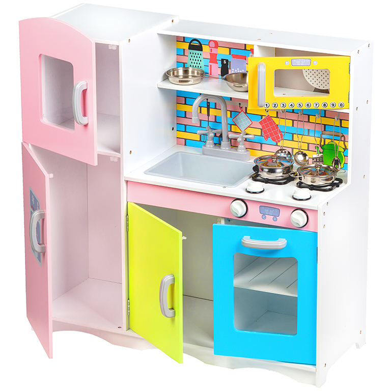 Bucătărie din lemn V4 și Șorț pentru fetițe, cu frigider și congelator, plită, cuptor încorporat, cuptor cu microunde, chiuvetă și 10 accesorii incluse, 3 ani +, Roz/Galben, Smartic, Set [7]