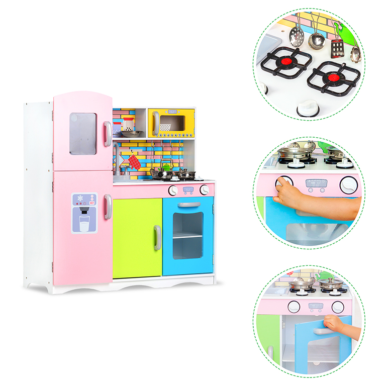 Bucătărie din lemn V4 și Șorț pentru fetițe, cu frigider și congelator, plită, cuptor încorporat, cuptor cu microunde, chiuvetă și 10 accesorii incluse, 3 ani +, Roz/Galben, Smartic, Set [9]