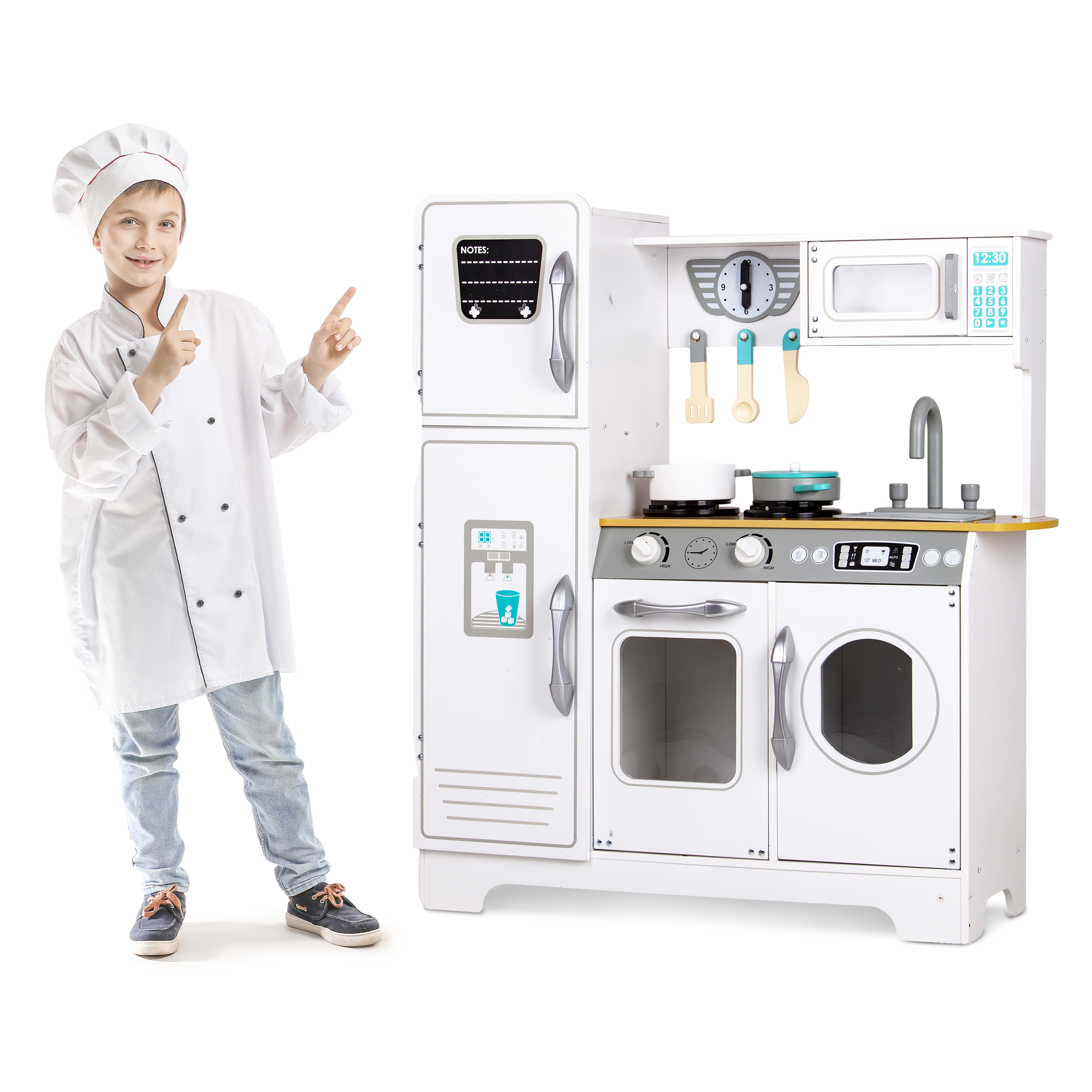 Bucătărie din lemn V3 si sort pentru copii, cu frigider, mașină de spălat, cuptor, cuptor cu microunde, chiuvetă, ceas și 6 accesorii incluse, 3 ani +, Alb/Albastru, Smartic, Set [8]