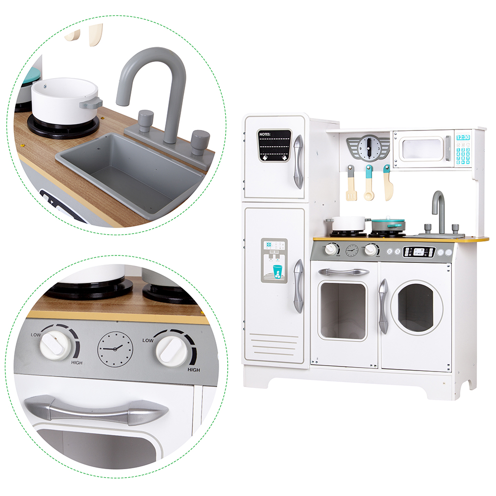 Bucătărie din lemn V3 si sort pentru copii, cu frigider, mașină de spălat, cuptor, cuptor cu microunde, chiuvetă, ceas și 6 accesorii incluse, 3 ani +, Alb/Albastru, Smartic, Set [9]